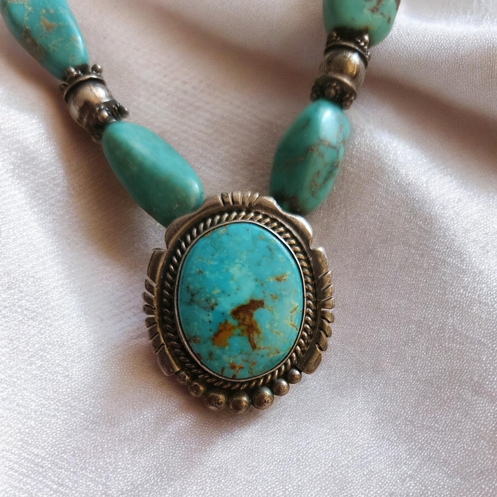 Native American Navajo Turquoise Pendant Southwestern Necklace Sterling Silver
